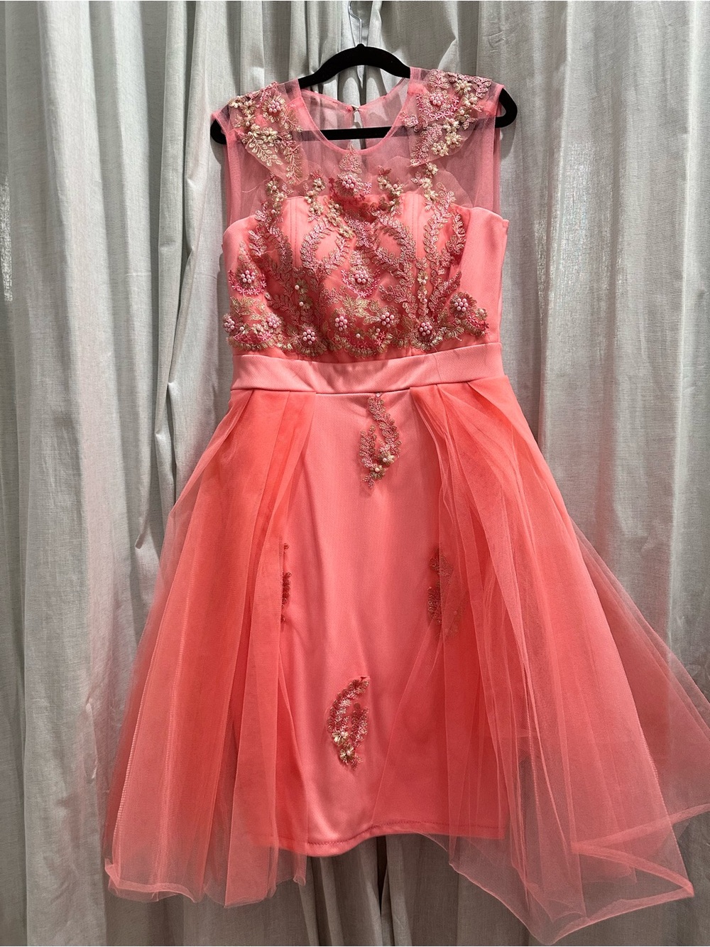 Coral Pink Floral Embroidered Pearl Tulle Princess Dress Fit & Flare Size XS